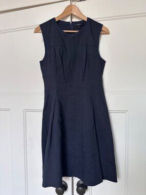 Theory Linen Dress Womens 6 Sleeveless Knee Length Fit Flare Inverted Pleats